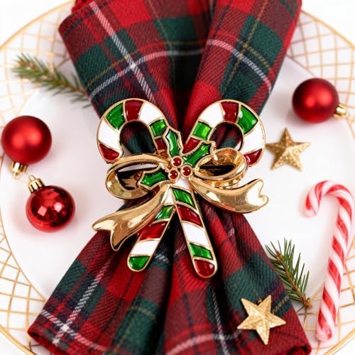Alloy Candy Cane Bow Napkin Rings (8-Set Pack) - Dinner Napkin Holder & Festive Tabletop Topper for Holiday Table Decor
