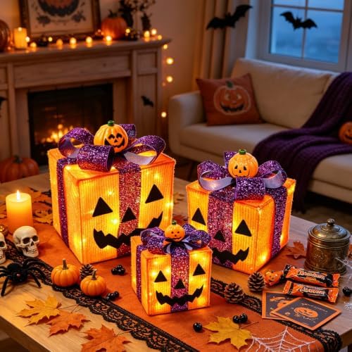 [ 8 Modes & Timer ] 3 Pack Lighted Halloween Pumpkin Decorations Gift Box