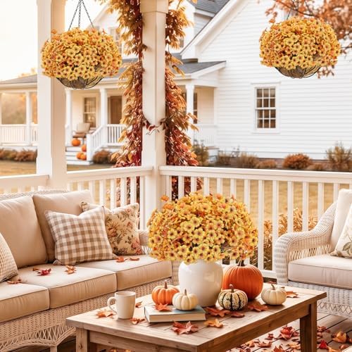 22 Pack Artificial Fall Flowers Mums for Outdoor Indoor(Fall Yellow)
