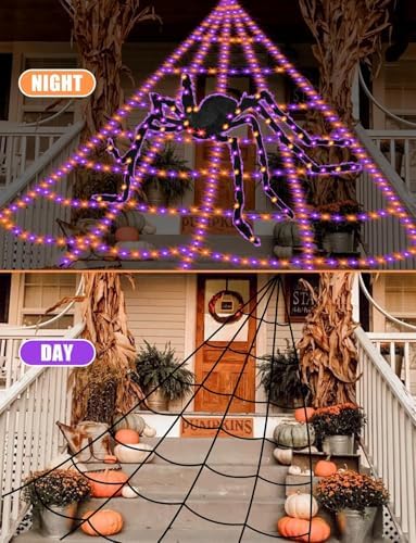 Spider Webs Halloween Decorations Lights - 550 LEDs Outdoor Giant Halloween Decor Lights with16.4ft,4ft Spider,8 Modes,Waterproof&Timer for Yard Porch Garden,Outside Party (with Spider)