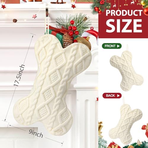 Hommtina Dog Christmas Stocking, Bone Shape Christmas Stocking for Dogs, Xmas Fireplace Hanging Stockings for Pets, Knit Dog Stockings Christmas Decorations(Bone, Classic White)