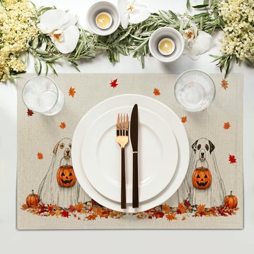 Halloween Placemats Set of 4 18x12 Inch Ghost Dog Pumpkin Fall Maple Leaves Linen Place Mats Heat-Resistant Washable Wipeable Autumn Holiday Table Mat for Party Kitchen Dining Room Dinner Table Decor