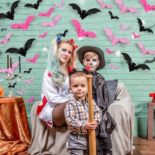 72 Pcs Bats Pink Halloween Decoration, 3D Bat Wall Decor Stickers