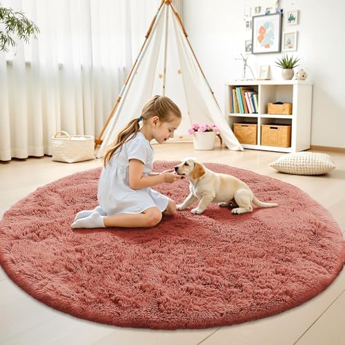 OLANLY Rust Red Round Rugs for Bedroom - Machine Washable, 7 ft Circle Area Rugs for Living Room, Soft and Fluffy