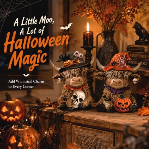 Karenhi 2 Pcs Highland Cow Figurines, Halloween Tabletop Statues Decor