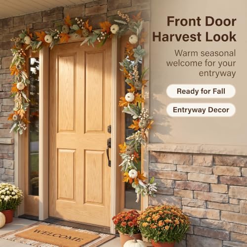 JINGHONG 6FT Fall Garland for Mantle with Pumpkins Berries Lamb Ears Leaves Thanksgiving Vine Pumpkin Garlands for Autumn Harvest Table Centerpieces Fall Decorations for Home Porch Fireplace Decor