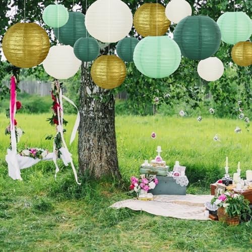 BEISHIDA Sage Green Gold Paper Lanterns 16Pcs 6/8/10Inch Round Chinese Lamp