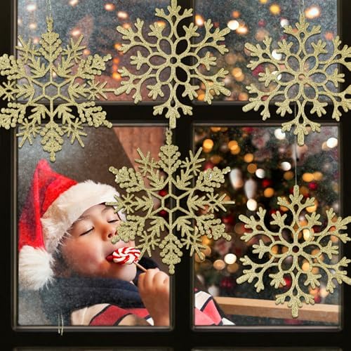6pcs Large Gold Snowflakes Ornaments 12" Big Plastic Glitter Snowflake for Winter Indoor Outdoor Christmas Tree Window Room Decorations Giant Craft Snowflakes