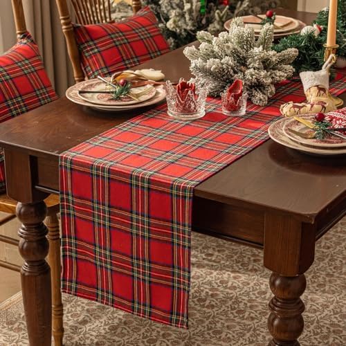 Softalker Christmas Checkered Tartan Table Runner, Red, 13 x 70 Inch-2P