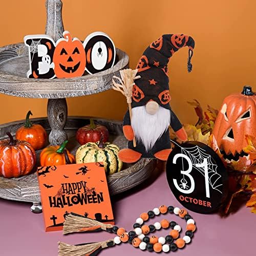 Halloween Tiered Tray Decor Indoor Decorations - Boo Wooden Sign Cute Gnomes Plush and Bead Garland - Farmhouse Rustic Tray Decor Set for Home Table Desk Room