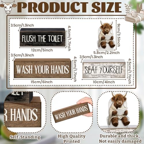 Moucuny 4 Pcs Highland Cow Bathroom Decor Funny Wooden Signs Farmhouse