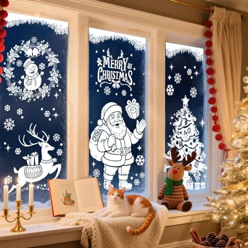 AhfuLife Large Christmas Window Clings Decorations, 35.4 x 11.8 in, 6 Sheets Double Side Xmas Snowflake Santa Reindeer Snowman Window Decals Stickers for Home Glass Party Indoor Decorations