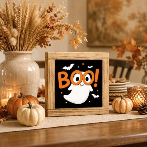 Halloween Wooden Sign, Boo Ghost and Bat Tabletop Decor for Home