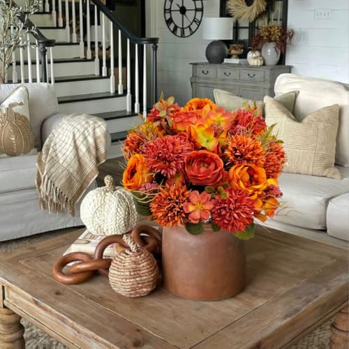 6 Bundles Fall Artificial Flowers Bouquet Fake Peony Silk Chrysanthemums Autumn Faux Floral Arrangements for Home Decor Indoor Kitchen Table Centerpieces Vase Decoration (6, Burnt Orange)