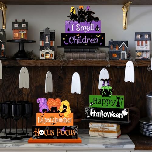 Halloween Hocus Pocus Table Signs Wooden Decor, 3PCS Witch Halloween Table Signs I Smell Children Freestanding Tabletop Decorative Signs, Spooky Tiered Tray Centerpiece Indoor Home Decorations