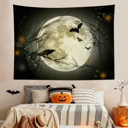 LB Halloween Full Moon Crow Tapestry, 92.5x70.9 Inches
