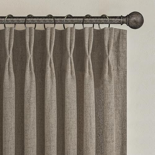 Pinch Pleated Light Filtering Dark Flax 60 Inch Wide Curtains 96 Inches Long for Living Room, Memory Trained Flax Linen