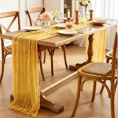 6Pcs Yellow Table Runner, 10FT Rustic Gauze Gold Table Runner 35*120inch Boho Table Runners for Wedding Bridal Shower Birthday Baby Shower Table Centerpiece Decorations
