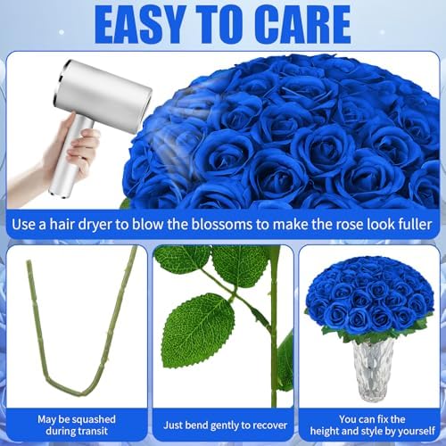 36 Pcs Royal Blue Artificial Roses with Long Stems