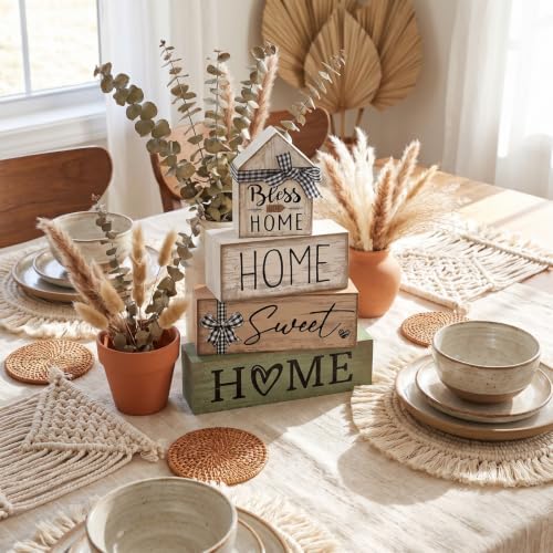 Moucuny 4 Pcs Wooden Farmhouse Table Decor Rustic Home Sweet Home Stacked Blocks Decoration Farmhouse Tiered Tray Decor