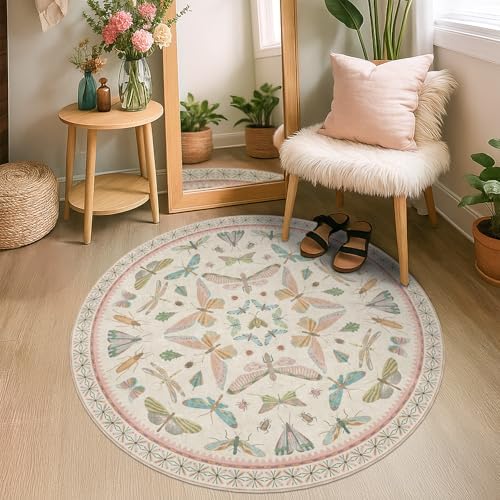 Boho Light Pink Round Rugs for Kids Bedroom - 4 ft Unique Circle Area Rugs for Baby Nursery, Washable Low Pile & Soft