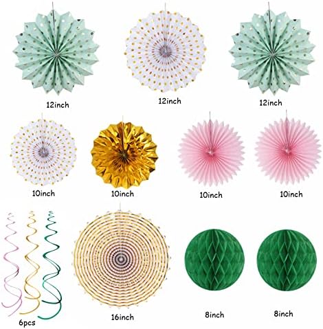 Sage-Green Pink Gold Party-Decorations - 33pcs Kits Tissue Pom Poms Honeycomb,Banner,Streamers Tassel Garland,Paper Lantern Fans, Wedding Engagement Bachelorette Birthday Baby Bridal Shower Hugtmr