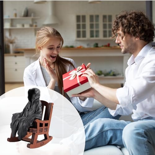 Grim Reaper Statue on Rocking Chair, Cute Miniature The Suriel Decor for Bookshelf, Spooky Goth Decor Home Shelf Sitter Figurine, Funny Resin Knick Knacks for Desk & Office (Black)