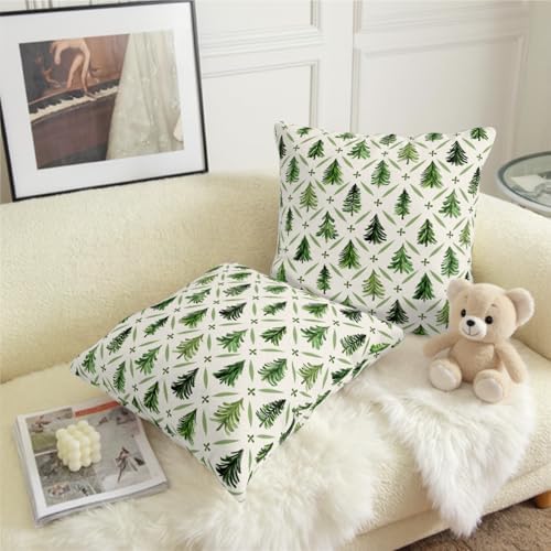 Christmas Tree Pillow Covers 18x18 Set of 2 Sage Green Xmas Farmhouse Print Outdoor Decorative Pillow Cases Winter Holiday Decorations Throw Cushion Case for Couch Sofa Bed