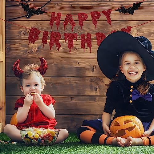 Happy Birthday Halloween Banner – Red Glitter Dripping Blood-Style Paper Letter Garland with Black Bat Accents for Scary Birthday Party, Vampire, Gothic and Horror Decorations