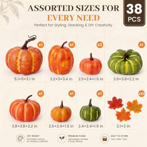 FUTUREPLUSX 38 PCS Assorted Artificial Pumpkin Set, 8 PCS Stacking Pumpkins