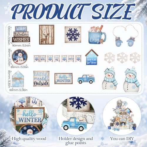 Shellwei 23 Pcs Christmas Tiered Tray Decor Set, Blue Snowman Wood Signs