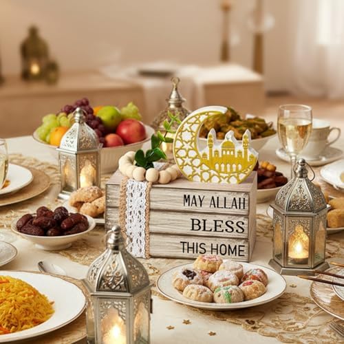 Eid Mubarak Decorations for Home Ramadan Decorations Wood Ramadan Mubarak Table Sign Golden Moon Eid Tiered Tray Sign for Islamic Muslim Table Indoor Shelf Office Gifts