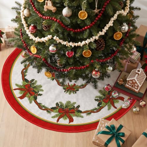 AVOIN colorlife Christmas Tree Skirt 48 Inch, Christmas Ribbon Holly Winter Holiday Tree Mat Decoration