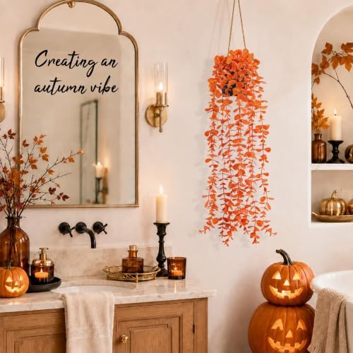 Der Rose 1Pcs Fake Fall Plants Hanging Orange Artificial Potted Faux Eucalyptus Plant Decorations for Fall Thanksgiving