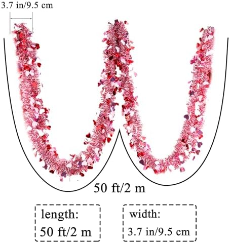 Valentines Garland Decor,50Ft Glitter Tinsel Heart Garland Decorations for Tree Mantle Bedroom Office Classroom Party Indoor Outdoor Holiday Home Pink Red White