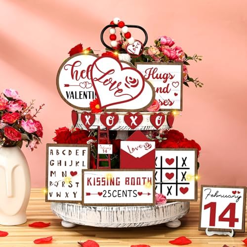 FairySandy 16 Pcs Valentine's Day Tiered Tray Decorations Set Valentine Heart Wood Sign Farmhouse Romantic Sweet Table Decor Love Theme Centerpieces for Kitchen Home Decor Wedding Party Gift
