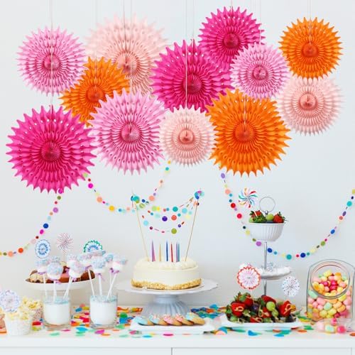 12PCS Paper Fans Orange and Hot Pink Party Decorations Tissue Paper Flowers Decorations for Girl Groovy Birthday Baby Shower Wedding Bachelorette Room Wall Hanging Décor