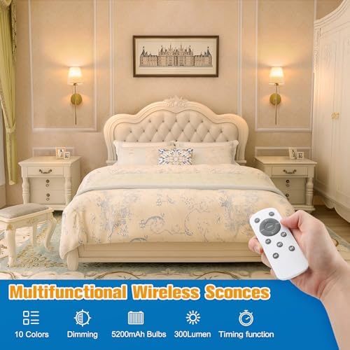 NIORSUN 19.9 inch Battery Operated Wall Sconce Set of 2,Gold Rechargeable Wall Lights with 10400mAh Dimmable Detachable