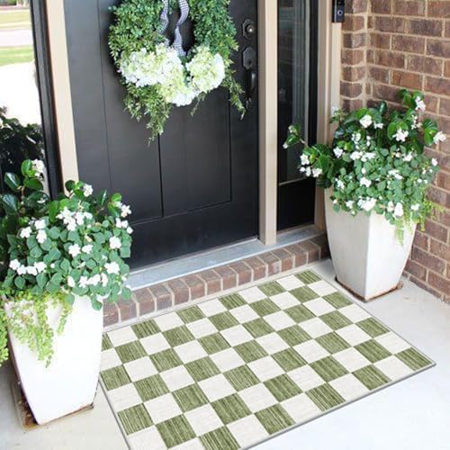 Front Door Mat Outside Entrance 2x3 Green White Checkered Rug