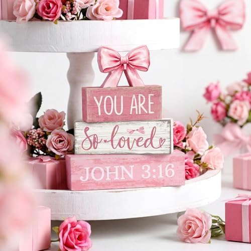 Lineshading 4 Pcs Pink Bow Decor Christian Table Decor Wooden Block Signs