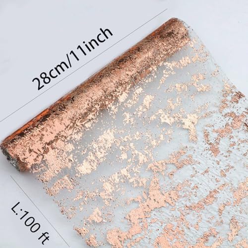 Snowkingdom Rose Gold Table Runner 11 Inch x 100 Feet Glitter Sequin Metallic Pink Thin Mesh Runner Sparkly Table Decorations for Birthday, Wedding, Bridal Shower, Baby Shower Party