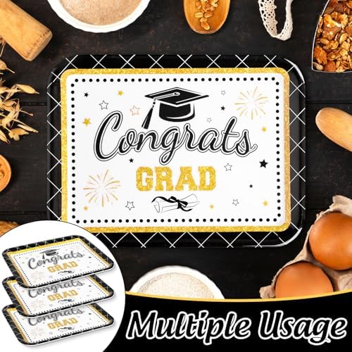 JarThenaAMCS 3Pcs Graduation Serving Trays 13 x 10 Inch Bachelor' s Hat Diploma Glitter Reusable Melamine Platter Congrats 2026 Grad Serving Dishes for Graduate Party Sharing Snacks Fruit Dessert