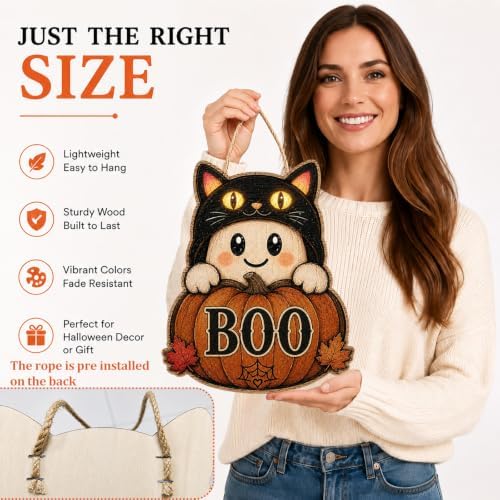 Halloween Door Sign Cute Ghost Wear a Black Cat Hat Pumpkin BOO Decor