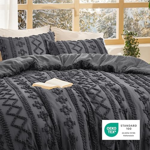 Bedsure Tufted Boho Comforter Set Full Size - Dark Grey Boho Bed Set, GentleSoft™ 3 Pieces Farmhouse-Style Embroidery