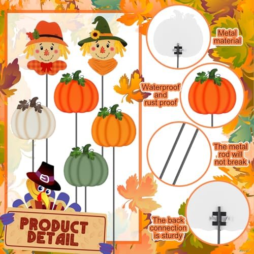 6 Pcs 12'' Fall Yard Stakes Pumpkin Scarecrow Metal Sign Outdoor