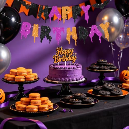 Glitter Happy Birthday Halloween Banner - NO DIY - Halloween Hanging Paper Garland Bunting Banner Decorations, Party Supplies for Kids Boy Girl Birthday Black Purple Orange