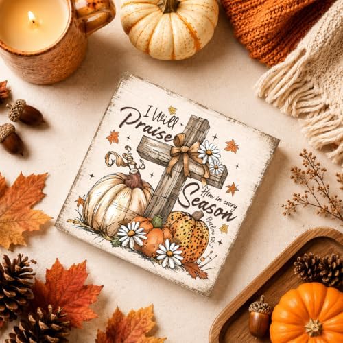 Fall Decorations for Home Christian Cross Pumpkin Wood Sign Fall Decor
