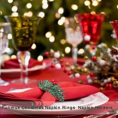 15 Pcs Christmas Napkin Rings Holly Berry Napkin Buckle Needles Wreath Pines Red Berries Candle Ring Wreath Holder for Xmas Birthday Wedding Thanksgiving Party Banquet Table Decorations