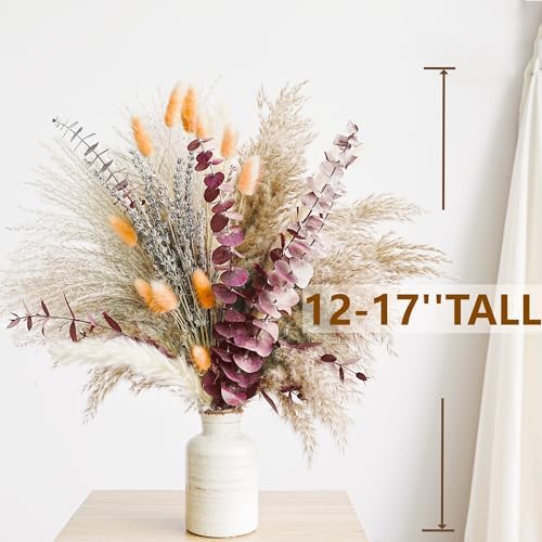 Fall Dried Flower Bouquet with Pampas Grass, Orange Bunny Tails, Lavender & Red Eucalyptus –Boho Fall Decor for Home