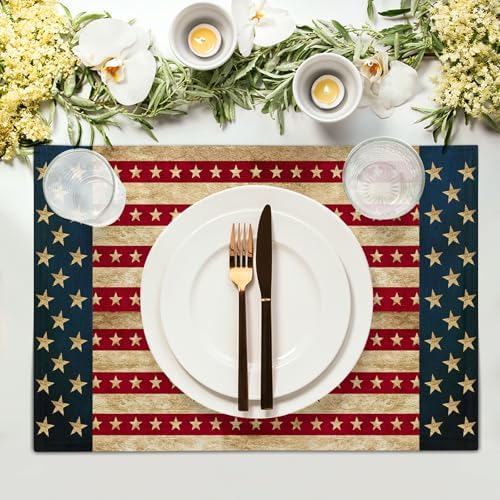 4th of July Placemats Set of 4 18x12 Inch Independence Day Patriotic American Flag Linen Place Mats Heat-Resistant Washable Wipeable Memorial Day Table Mat for Party Kitchen Dining Room Dinner Table